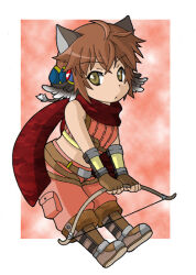 1boy alternate_color animal_ears boots bow_(weapon) brown_boots brown_eyes brown_gloves brown_hair brown_wings camouflage_scarf cat_boy cat_ears closed_mouth crop_top expressionless feathered_wings fingerless_gloves gloves head_wings holding holding_bow_(weapon) holding_weapon looking_at_viewer male_focus midriff monou0135 pink_background pink_shirt pink_shorts ragnarok_online ranger_(ragnarok_online) red_scarf scarf shirt short_hair shorts sleeveless sleeveless_shirt solo weapon white_background wings