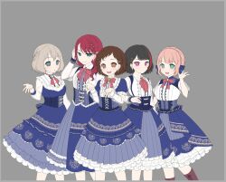 5girls :d :o afterglow_(bang_dream!) aoba_moca bang_dream! black_hair blue_eyes blue_skirt braid breasts brown_eyes brown_hair closed_mouth commentary_request feet_out_of_frame frilled_shirt frilled_skirt frills gorilla-chan_(axpdxsyc0222) green_eyes grey_background grey_hair hazawa_tsugumi large_breasts layered_sleeves long_hair long_sleeves looking_at_viewer medium_breasts medium_skirt mitake_ran multicolored_hair multiple_girls multiple_monochrome neck_ribbon official_alternate_costume open_mouth parted_lips pink_eyes pink_hair puffy_short_sleeves puffy_sleeves red_hair ribbon see-through_clothes see-through_sleeves shirt short_hair short_over_long_sleeves short_sleeves side_braid simple_background skirt smile streaked_hair teeth udagawa_tomoe uehara_himari underbust unfinished white_shirt