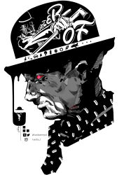1boy 1other absurdres akefu_satoru black_scarf bowler_hat cane colored_sclera english_text greyscale hat highres holding holding_cane jojo_no_kimyou_na_bouken jojolion kurobameiyos monochrome old old_man red_eyes red_sclera scarf smile stand_(jojo) white_scarf wonder_of_u
