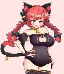 1girl :3 :d absurdres animal_ear_fluff animal_ears bell black_gloves black_thighhighs blush braid breasts cat_cutout cat_ears cat_girl cat_lingerie cat_tail cleavage cleavage_cutout clothing_cutout commentary cowboy_shot detached_sleeves fingerless_gloves gloves hand_on_own_hip highres kaenbyou_rin large_breasts looking_at_viewer meme_attire multiple_tails neck_bell open_mouth pink_background red_eyes red_hair red_nails see-through_clothes showers-u side_braids simple_background smile solo tail thighhighs touhou twin_braids two_tails variant_set