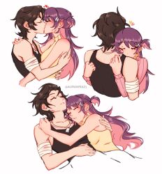2girls absurdres aurora_(aurawra21) bandaged_arm bandages bare_arms black_tank_top brown_hair closed_eyes colored_inner_hair commentary eleanor_si english_commentary hair_ornament hairclip highres hug jewelry kiss long_hair love_curse:_find_your_soulmate multicolored_hair multiple_girls necklace parted_lips pink_hair purple_hair selene_yan shirt short_hair simple_background sleeveless sleeveless_shirt tank_top twitter_username white_background yellow_shirt yuri