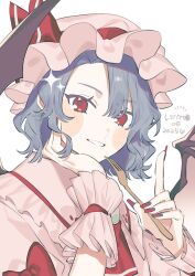 1girl ascot bat_wings bow collared_shirt fingernails fork frilled_shirt_collar frills grin hashtag-only_commentary hat hat_ribbon highres holding holding_fork index_finger_raised laspberry. looking_at_viewer mob_cap pink_hat pink_shirt red_ascot red_bow red_eyes red_nails red_ribbon remilia_day remilia_scarlet ribbon shirt short_hair smile solo touhou upper_body wings wrist_cuffs