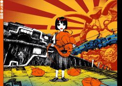 Rule 34 | 1girl, animal, animal request, black dress, black eyes, black hair, crustacean, damaged, dress, flying train, full body, highres, holding, holding animal, horseshoe crab, industrial pipe, light blush, loafers, looking at viewer, no pupils, open mouth, original, overhead line, partially colored, pinafore dress, projected inset, railroad tracks, red background, rope fence, shirt, shoes, short hair, short sleeves, sleeveless, sleeveless dress, smile, solo, standing, sunburst, sunburst background, train, translation request, two-tone background, uchida akira (taaiseee1121), yellow background