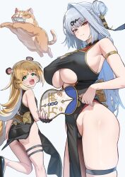 1girl 2girls absurdres animal_ears black_dress black_gloves blonde_hair breasts cat china_dress chinese_clothes clothing_cutout cosplay dress fang fingerless_gloves fish fish_in_mouth gloves green_eyes hair_bun hair_ornament hand_fan highres holding holding_fan huge_breasts ju_fufu long_hair multiple_girls open_mouth pelvic_curtain ramanda single_fingerless_glove single_glove single_hair_intake solo striped_fur striped_hair sweety_(zenless_zone_zero) sweety_(zenless_zone_zero)_(cosplay) tail tiger_ears tiger_girl tiger_stripes tiger_tail tuanshan white_hair yellow_eyes yixuan_(zenless_zone_zero) zenless_zone_zero