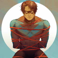 1boy batman_(series) bdsm bodysuit bondage bound dc_comics dick_grayson domino_mask gradient_background male_focus mask nightwing solo sylph
