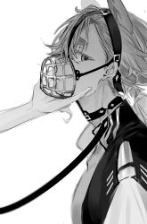 Rule 34 | 2girls, absurdres, animal ears, asticassia school uniform, bluish gray cat, closed mouth, collar, commentary, dog ears, greyscale, gundam, gundam suisei no majo, hairband, hand on another&#039;s face, highres, kemonomimi mode, leash, long hair, looking at viewer, miorine rembran, monochrome, multiple girls, muzzle (mask), school uniform, suletta mercury, thick eyebrows