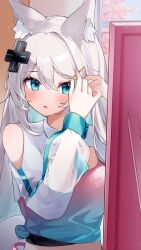 1girl adjusting_hair adjusting_hair_ornament animal_ear_fluff animal_ears bare_shoulders blue_eyes blue_trim blush cherry_blossoms clothing_cutout collared_shirt colored_inner_hair commentary_request crop_top d-pad d-pad_hair_ornament duchi0356 fox_ears fox_girl gradient_clothes gradient_hair gradient_shirt hair_between_eyes hair_ornament hairclip hands_up highres indoors light_particles long_sleeves looking_at_mirror meridian_project mirror mizuki_(vtuber) multicolored_hair open_mouth see-through_clothes see-through_sleeves shirt shoulder_cutout solo tied_shirt tree upper_body virtual_youtuber white_hair white_shirt window wrist_cuffs