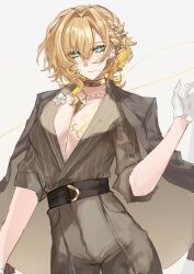 Rule 34 | 1girl, absurdres, aglaea (fashion) (honkai: star rail), aglaea (honkai: star rail), blonde hair, breast tattoo, breasts, cleavage, commentary request, gloves, gold choker, gold tattoo, green eyes, grey pants, grey shirt, highres, honkai: star rail, honkai (series), inishie no tanaka, jacket, jacket on shoulders, jewelry, large breasts, laurel crown, necklace, official alternate costume, pants, shirt, short hair, simple background, solo, tattoo, thread, white background, white gloves