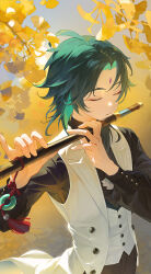 Rule 34 | 1boy, absurdres, black pants, black shirt, branch, closed eyes, coat, commentary request, cowboy shot, diamond (shape), eyeliner, facial mark, flute, forehead mark, genshin impact, green hair, highres, holding, holding flute, holding instrument, instrument, long sleeves, makeup, male focus, music, official alternate costume, outdoors, pants, parted lips, partial commentary, playing instrument, red eyeliner, shirt, short hair, sleeveless, sleeveless coat, solo, tiki 909, vest, white coat, white vest, xiao (genshin concert) (genshin impact), xiao (genshin impact)