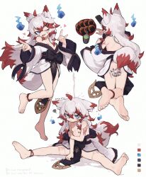 1girl animal_ears bandaid bandaids_on_nipples bare_legs barefoot black_ribbon blue_eyes blush bottomless censored closed_mouth double_fox_shadow_puppet eyebrows_hidden_by_hair feet flat_chest fox_ears fox_girl fox_shadow_puppet fox_tail full_body hair_between_eyes highres japanese_clothes kimono legs looking_at_viewer lying multicolored_hair multiple_views novelty_censor off_shoulder on_stomach one_eye_closed open_mouth original pasties pouring red_hair ribbon simple_background sitting smile soles spread_legs squiggle standing tail toenails toes two-tone_hair waist_ribbon wet white_background white_hair white_kimono zizi_niisan
