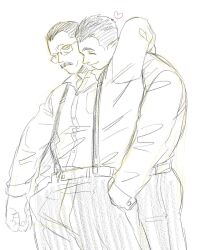 Rule 34 | 2boys, alternate costume, bara, billy russell (dickfish), couple, dickfish (fishismdick), facial hair, feet out of frame, formal clothes, graphite (medium), hand in another&#039;s pocket, happy, head on another&#039;s shoulder, heart, highres, john rottweil (dickfish), male focus, mature male, multiple boys, muscular, muscular male, mustache, original, pants, raised eyebrow, short hair, sideburns, sketch, spoken heart, suspenders, thick eyebrows, traditional media, yaoi