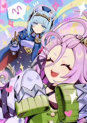 2girls ahoge aino_(genshin_impact) android blue_cloak blue_eyes blue_hair blue_hat bright_pupils cloak closed_eyes coat dress expressionless genshin_impact green_dress hat highres ineffa_(genshin_impact) long_sleeves looking_at_viewer moonieclover multiple_girls open_mouth pink_hair robot robot_girl teeth upper_teeth_only v white_coat white_pupils