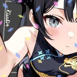 Rule 34 | 1girl, black hair, blue archive, blush, braid, braided bun, china dress, chinese clothes, close-up, confetti, dragon print, dress, grey eyes, hair bun, highres, kisaki (blue archive), looking at viewer, print dress, solo, tokinin4
