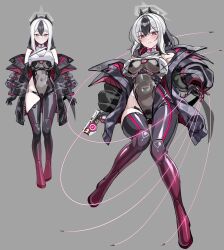 1girl asymmetrical_bangs black_hair black_horns blue_archive blush bodysuit breasts closed_mouth demon_horns demon_wings grey_bodysuit grey_halo hair_between_eyes halo horns impossible_bodysuit impossible_clothes kayoko_(blue_archive) large_breasts latex latex_bodysuit long_hair looking_at_viewer multicolored_bodysuit multicolored_hair red_eyes simple_background single_wing skin_tight solo strelka_belca two-tone_hair white_hair wings