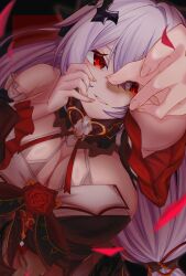1girl bat_hair_ornament black_dress breasts cleavage detached_sleeves dress falling_petals flower flower_ornament from_above hair_ornament hand_on_own_cheek hand_on_own_face highres honkai_(series) honkai_impact_3rd large_breasts long_hair m3enjrveef5ekwt parted_lips petals red_eyes red_flower red_rose rose solo theresa_apocalypse theresa_apocalypse_(luna_kindred) theresa_apocalypse_(lunar_vow:_crimson_love) very_long_hair white_hair