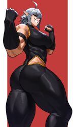 1girl abs absurdres armband ass ass_focus bad_tag black_armband black_gloves black_nails bodysuit breasts clothing_cutout fingerless_gloves fingernails flexing gloves grey_hair highres hip_vent huge_ass large_breasts long_fingernails looking_back muscular muscular_female orange_eyes original short_hair simple_background smile solo sotcho teeth thick_thighs thighs tight_clothes