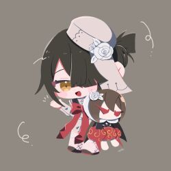 Rule 34 | 1girl, black hair, blush, bow, bowtie, brown eyes, chibi, chibi only, dress, fate/grand order, fate (series), fishnets, flower, hair over one eye, hat, hat flower, highres, lady yu doll, mini hat, open mouth, red bow, red bowtie, sailor collar, short dress, short hair, solo, stuffed toy, white dress, white hat, xu fu (fate), xu fu (fgo fes. 2025) (fate), yue cang87