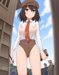 1girl breasts brown_eyes brown_hair brown_shorts cloud cloudy_sky covered_erect_nipples hat highres large_breasts light_blush looking_at_viewer micro_shorts miyo_(ranthath) newsboy_cap nipples notebook outdoors pen see-through_clothes see-through_shirt shameimaru_aya shameimaru_aya_(newsboy) shirt shirt_tucked_in shorts sky touhou white_shirt