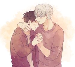 2boys black_hair brown_jacket brown_sweater brown_theme closed_eyes closed_mouth couple drawstring eyelashes eyes_visible_through_hair face-to-face fingernails gradient_background grey_hair grey_shirt hair_between_eyes hand_on_another&#039;s_neck hand_up hands_up happy height_difference holding_hands hood hood_down hooded_jacket husband_and_husband interlocked_fingers jacket jewelry katsuki_yuuri light_blush light_particles light_smile limited_palette male_focus multiple_boys nuzzle open_clothes open_jacket profile ring ruakikoru sepia shirt simple_background smile standing sweater upper_body viktor_nikiforov watercolor_background wedding_ring white_background wispy_bangs yaoi yellow_background yellow_theme yuri!!!_on_ice