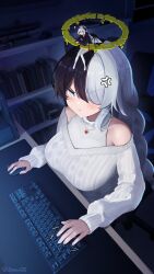 Rule 34 | 2girls, ^ ^, absurdres, anger vein, annoyed, artist name, bare shoulders, barefoot, black hair, black hoodie, blunt bangs, blush, book, bookshelf, braid, braided ponytail, breasts, broken halo, chair, closed eyes, closed mouth, commentary, commission, computer, computer keyboard, computer mouse, crossed arms, dark, demon girl, demon horns, demon wings, english commentary, facing ahead, from above, full body, gaming chair, grey eyes, hair over one eye, halo, happy, heart, heart necklace, highres, hood, hood down, hoodie, horns, indoors, jewelry, large breasts, long hair, long sleeves, looking ahead, mini person, minigirl, model submarine, multicolored hair, multiple girls, necklace, off-shoulder sweater, off shoulder, on chair, on head, original, person on head, playing games, pleated skirt, pout, red skirt, ribbed sweater, shirt, signature, sitting, skindentation, skirt, sleeveless, sleeveless shirt, smile, split-color hair, sweatdrop, sweater, swivel chair, thighhighs, turtleneck, turtleneck shirt, twitter username, two-tone hair, upper body, white hair, white shirt, white sweater, white thighhighs, wings, yellow halo, zenougts