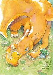 artist_name blue_eyes blush caterpie charizard charmander chibicheu claws commentary creatures_(company) english_commentary fire flower game_freak gen_1_pokemon gen_5_pokemon grass horns lying nintendo no_humans oddish petilil pink_eyes pokemon pokemon_(creature) wings