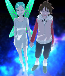 1boy 1girl blush closed_eyes couple dedenden dress eureka_(eureka_seven) eureka_seven eureka_seven_(series) green_hair hair_ornament hairclip happy hetero holding_hands renton_thurston short_hair smile wings