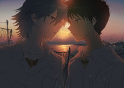 2boys backlighting breast_pocket brown_hair chain-link_fence city collared_shirt couple fence fireworks fishcoooo gradient_sky grey_hair highres ikari_shinji imminent_kiss looking_at_another male_focus multiple_boys nagisa_kaworu neon_genesis_evangelion ocean pocket reflection reflective_water shirt sky sunset undershirt upper_body utility_pole white_shirt yaoi
