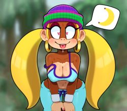1girl banana blonde_hair blush breasts cleavage donkey_kong_(series) earrings food fruit furry heart heart-shaped_pupils highres hoop_earrings jewelry knitting large_breasts long_hair midriff monkey monkey_girl nail_polish navel nintendo saliva smile somescrub sweat symbol-shaped_pupils tank_top tiny_kong tongue tongue_out twintails wide_hips