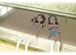2girls ahoge bare_arms bare_shoulders black_hair brown_hair camisole closed_eyes closed_mouth commentary_request doremi_(doremi4704) dress feet_out_of_frame grey_dress hair_spread_out ivy long_hair lying multiple_girls off_shoulder on_back original parted_lips sandals shade shorts sleeping smile white_shorts