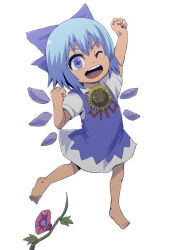 1girl :d ;d arm_up bare_arms blue_bow blue_dress blue_eyes blue_hair bow cirno clenched_hands collared_shirt commentary_request dress flower full_body hair_bow hand_up hanemikakko hidden_star_in_four_seasons ice ice_wings looking_at_viewer one_eye_closed open_mouth plant puffy_short_sleeves puffy_sleeves shirt short_hair short_sleeves simple_background skirt smile solo sunflower tan tanned_cirno touhou vines white_background wings