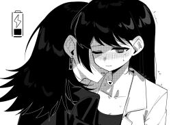 2girls bang_dream! bang_dream!_it&#039;s_mygo!!!!! battery_indicator blush collared_shirt commentary_request ear_blush earrings greyscale heart hickey jacket jewelry long_hair mole mole_under_eye monochrome multiple_girls one_eye_closed shiina_taki shirt spoken_heart trembling upper_body yahata_umiri yuri zikiki1092