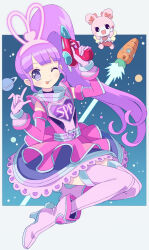 1girl animal_ears arm_up blunt_bangs boots carrot dress fake_animal_ears full_body gloves gun hand_up high_heel_boots high_heels highres holding holding_gun holding_weapon idol_clothes ku_(residual666) long_hair looking_at_viewer manaka_non one_eye_closed pink_boots pink_dress pink_gloves pink_thighhighs pretty_series pripara purple_eyes purple_hair rabbit rabbit_ears rocket saturn_(planet) side_ponytail sitting sky sleeveless sleeveless_dress smile solo star_(sky) starry_sky thighhighs tongue tongue_out usacha very_long_hair weapon