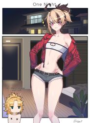 2girls :3 absurdres bandeau belt blonde_hair brown_belt brown_eyes commentary cosplay crossover english_commentary english_text fate/apocrypha fate_(series) flat_chest gigi_murin green_eyes highres hololive hololive_english jacket lowleg lowleg_shorts mordred_(fate) mordred_(memories_at_trifas)_(fate) mordred_(memories_at_trifas)_(fate)_(cosplay) multicolored_hair multiple_girls narrow_waist nude pink_hair ponytail red_jacket short_shorts shorts signature skinny suhyeon two-tone_hair virtual_youtuber white_bandeau