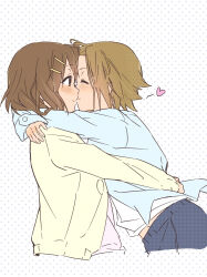 2girls arms_around_neck brown_eyes brown_hair closed_eyes hair_ornament hairclip heart highres hirasawa_yui k-on! kiss looking_at_another multiple_girls polka_dot polka_dot_background shaofangziran short_hair tainaka_ritsu yuri