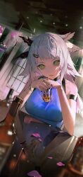 1girl absurdres alcohol alternate_costume ambience_synesthesia arknights arm_strap bare_shoulders black_nails blue_shirt bracelet chinese_commentary commentary_request cup drinking_glass dutch_angle feather_hair glass_bottle hair_ornament hairclip highres holding holding_cup jewelry long_hair looking_at_viewer lyooo_6 nail_polish official_alternate_costume own_hands_together parted_lips petals ptilopsis_(ambience_synesthesia)_(arknights) ptilopsis_(arknights) reflection ring shirt sleeveless sleeveless_shirt solo table white_hair yellow_eyes