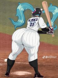 1girl alternate_costume ass ass_focus baseball baseball_bat baseball_helmet baseball_jersey baseball_uniform black_shoes black_sleeves black_socks blue_hair breasts commentary dirt english_commentary female_focus full_body grass hatsune_miku helmet highres holding holding_baseball_bat huge_ass jersey leaning_forward legs_apart long_hair looking_ahead medium_breasts mskelet0nart outdoors shirt shoes sneakers socks solo sportswear striped_clothes striped_shirt twintails uniform_number vocaloid white_shirt