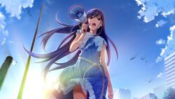 1girl :o arm_at_side backlighting belt black_hair blue_dress blue_sky breasts building cityscape cloud cowboy_shot day dress frilled_dress frills from_below game_cg grisaia_(series) grisaia_no_rakuen highres holding holding_megaphone large_breasts long_hair megaphone non-web_source open_mouth outdoors purple_eyes rope_belt sakaki_yumiko sky solo standing sun sunlight talking very_long_hair watanabe_akio wind wind_lift