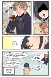 1boy 1girl 2019 ada_wong black_hair blonde_hair blue_eyes bread bread_slice comic dangerousbride eating english_text food hetero highres holding holding_phone leon_s._kennedy no_nut_november nutella phone resident_evil resident_evil_4 talking talking_on_phone