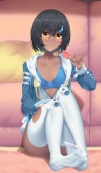 1girl absurdres black_hair blue_bra blush bra breasts buwad closed_mouth clothing_cutout convenient_leg couch dark-skinned_female dark_skin facial_mark fate/grand_order fate_(series) fingernails food full_body hair_between_eyes hair_ornament hairclip hand_up highres holding holding_food holding_popsicle hood hood_down hooded_jacket indoors jacket knees_up long_hair no_shoes on_floor partially_unzipped popsicle short_hair sitting solo thighhighs underwear variant_set wandjina_(fate) white_thighhighs yellow_eyes zipper