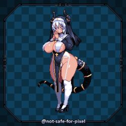 1girl areola_slip artist_name black_dress black_horns black_shoes blue_background border breast_curtains breasts checkered_background commission covered_navel cross demon_girl demon_horns demon_tail dress female_focus garter_straps gold_trim grin groin hair_between_eyes hands_up happy high_heels highleg highleg_panties horns large_breasts latin_cross long_hair long_sleeves looking_to_the_side mature_female notsafeforpixel nun original over-kneehighs own_hands_together panties pelvic_curtain pink_eyes pixel_art shoes sidelocks smile solo string_panties tail teeth thick_thighs thighhighs thighs twitter_username underwear veil watermark white_hair white_panties white_thighhighs wide_hips