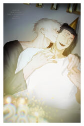 2boys birthday black_hair black_shirt border closed_eyes commentary_request getou_suguru gojou_satoru hair_bun hair_pulled_back hat highres jewelry jujutsu_kaisen long_sleeves male_focus multiple_boys open_mouth party_hat pasinee1855 ring shirt short_hair smile teeth tongue upper_body upper_teeth_only white_border white_hair white_shirt yaoi