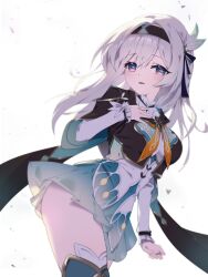 1girl absurdres aqua_dress aqua_skirt aqua_thighhighs ass black_hairband black_jacket blue_pupils collared_dress commentary_request cropped_jacket dress firefly_(honkai:_star_rail) frilled_sleeves frills grey_hair hair_between_eyes hair_intakes hair_ornament hair_ribbon hairband hand_on_own_chest highres honkai:_star_rail honkai_(series) jacket kkaru long_sleeves multicolored_dress multicolored_eyes neckerchief orange_neckerchief ribbon simple_background skirt solo thighhighs thighs two-tone_eyes white_background white_dress