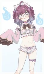 1girl absurdres ahoge blush bra brown_eyes brown_hair detached_sleeves fallenshadow frilled_panties frills glasses highres indie_virtual_youtuber maid_headdress navel open_mouth panties pettan_(zeez4743) pink_bra pink_panties pink_sleeves short_hair sleeves_past_wrists solo stomach striped_bra striped_clothes thigh_strap thighs underwear virtual_youtuber