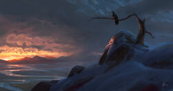 absurdres bare_tree bird cloud cloudy_sky commentary crow english_commentary gradient_sky highres landscape michal_kus mountainous_horizon no_humans outdoors rock scenery signature sky snow sunset the_elder_scrolls the_elder_scrolls_v:_skyrim tree