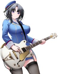 1girl alternate_eye_color beret black_hair black_thighhighs blue_eyes blue_hat blue_jacket blue_skirt electric_guitar garter_straps guitar hat highres instrument jacket kantai_collection kirigakure_(kirigakure_tantei_jimusho) military_uniform short_hair simple_background skirt solo takao_(kancolle) thighhighs white_background