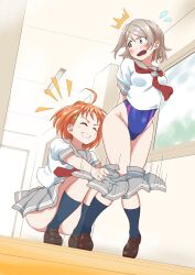 2girls absurdres ahoge ass assisted_exposure blush breasts chokkakudo clothes_pull competition_swimsuit hair_ornament highres looking_back love_live! love_live!_sunshine!! multiple_girls navel necktie one-piece_swimsuit open_mouth orange_hair pantsing school school_swimsuit school_uniform serafuku skirt skirt_pull smile surprised swimsuit takami_chika teeth thighs toned toned_female variant_set watanabe_you