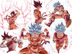 Rule 34 | 1boy, absurdres, aura, blue eyes, blue hair, commentary, cowboy shot, dougi, dragon ball, dragon ball super, dragonball z, eegiiartto, english commentary, full body, highres, kaiouken, medium hair, multiple views, muscular, muscular male, orange pants, orange shirt, orange tunic, pants, powering up, red eyes, red hair, red theme, shirt, simple background, son goku, spiked hair, super saiyan, super saiyan blue, tunic, white background