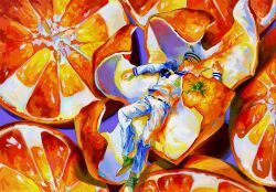 Rule 34 | 1 22sssam, 1boy, belt, black belt, commentary request, compass rose, dixie cup hat, food, fruit, green shoes, hat, higashikata josuke (jojolion), highres, in food, jojo no kimyou na bouken, jojolion, korean commentary, lemon, long sleeves, looking at viewer, lying, male focus, mandarin orange, military hat, mini person, miniboy, navel, on back, orange (fruit), orange slice, orange theme, oversized food, oversized object, pants, sailor, sailor collar, sailor hat, shirt, shoes, sneakers, solo, white hat, white pants, white sailor collar, white shirt