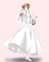 1girl banana_(8771207) basket blush bouquet bow clenched_hand double_bun dress flower flower_basket full_body gloves hair_bun hair_ornament hand_up high_heels highres holding holding_bouquet laufen_(sousou_no_frieren) long_sleeves looking_to_the_side orange_hair red_bow red_ribbon ribbon sepia_background shirt smile solo sousou_no_frieren standing standing_on_one_leg tassel tassel_hair_ornament white_dress white_footwear white_gloves white_shirt