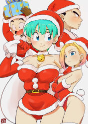 2boys 2girls absurdres android_18 blush breasts bulma christmas cleavage couple crossed_arms dragon_ball dragonball_z earrings embarrassed frown grin hat highres jewelry kuririn large_breasts legs looking_away medium_breasts multiple_boys multiple_girls open_mouth panties sack santa_costume santa_hat smile thigh_gap thighs underwear upskirt vegeta yuichi_ishikawa